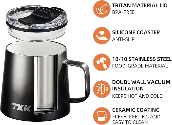 TKK 12 oz Insulated Coffee Mug with Handle Ceramic Coating Detachable Slider Lid Stainless Steel Tumbler Double Wall Vacuum Travel Cup