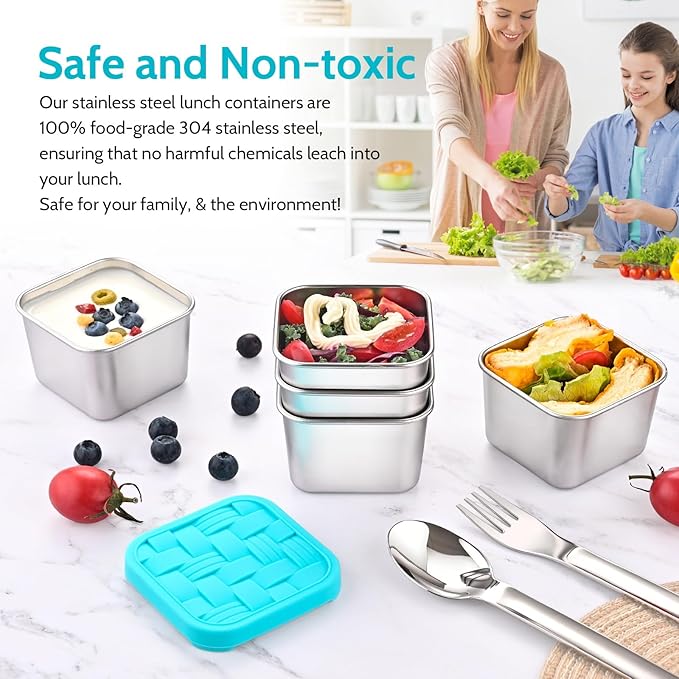 4PC 6oz Stainless Steel Snack Containers for Kids, BPA-Free Metal Toddler Snack Containers with Silicone lids, Leakproof Reusable Lunch Containers for School, Travel, Bento, Daycare