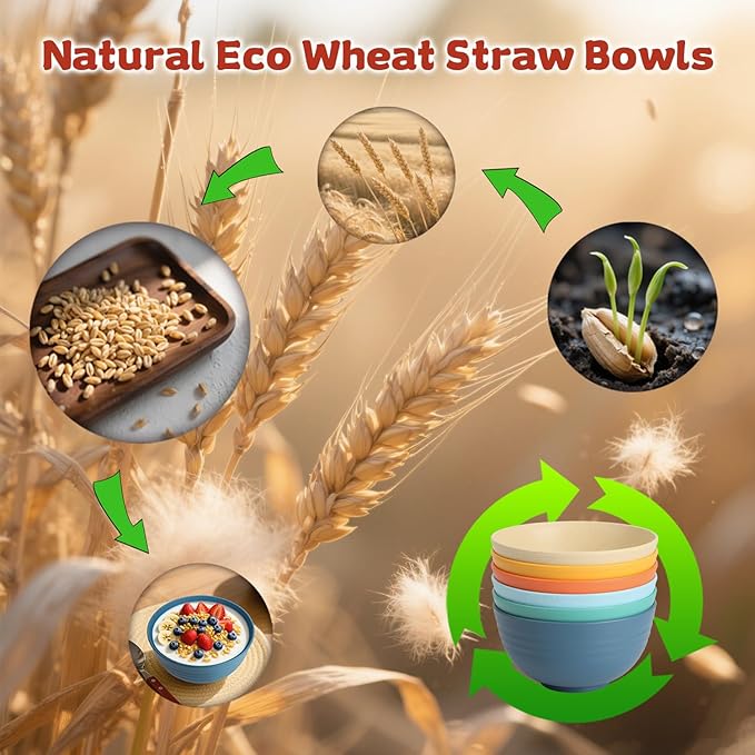 Wrova Wheat Straw Camping Bowls Sets of 6,Unbreakable 26oz Lightweight Bowls Sets for Outdoors Activity,Breakfast Bowls for Cereal and Salad.Vibrant Series