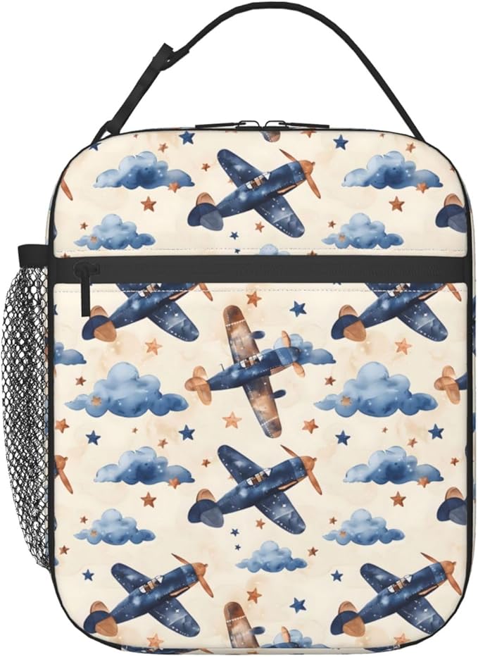 Vintage Airplane Lunch Box for Adults Kids, Insulated Cooler Polyester Lunchbag, Cloud and Star Pattern Handbags for Picnic, School, Office, Travel, Portable Reusable Tote Thermal Bags