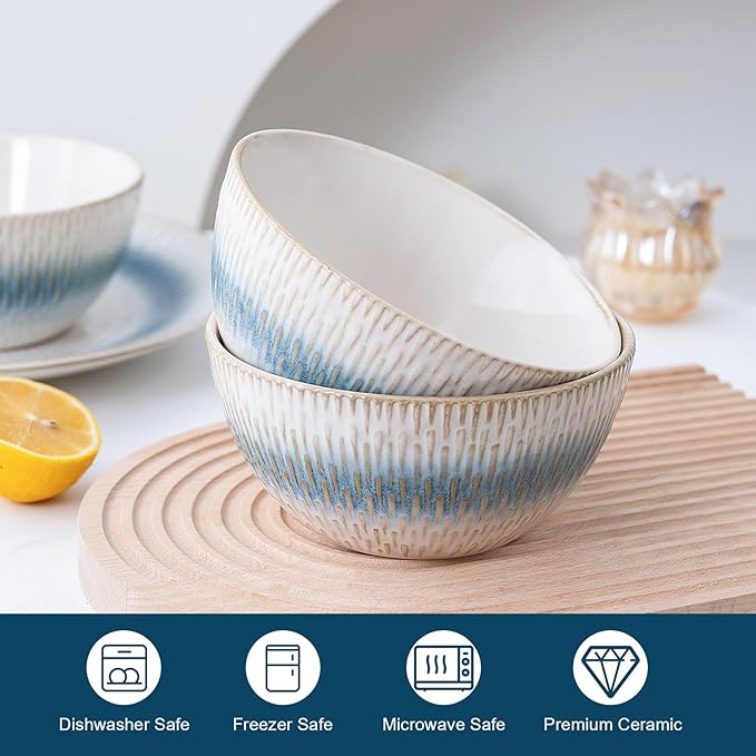 12 Pieces Ceramic Dinnerware Sets, Handmade Reactive Glaze Plates and Bowls Sets, Stoneware Set, Dishwasher & Microwave Safe Dishes set, Blue Relievo
