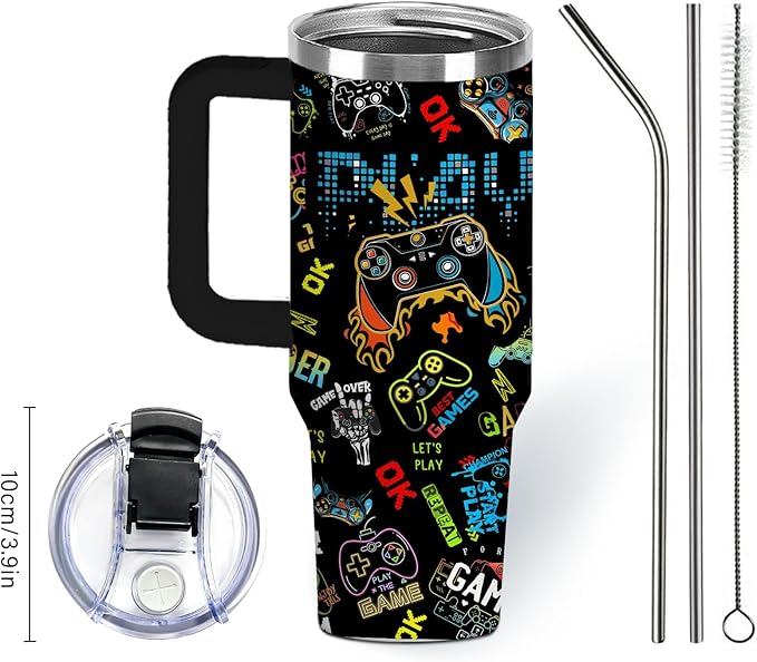 Gamer Gifts for Men Boys Tumbler with Handle and Straws 30oz Stainless Steel Gamer Insulated Travel Cups - Birthday Present for Men, Dad, Son, Husband - Gaming Gifts for Him Coffee Mugs