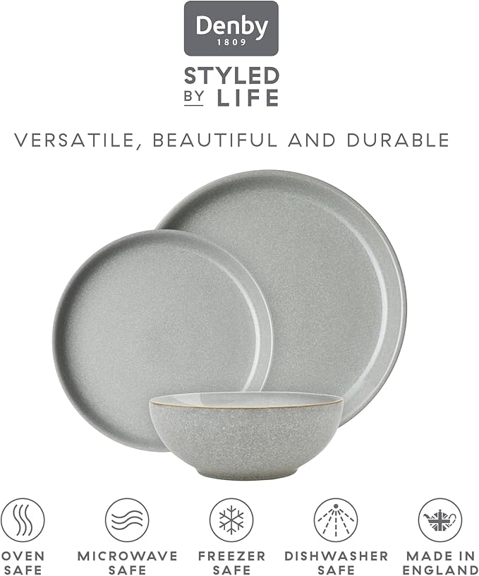 Denby - Elements Light Gray Dinner Set For 4-12 Piece Coupe Simple Ceramic Stoneware Tableware Set - Dishwasher Microwave Oven Safe - Scratch Chip Resistant