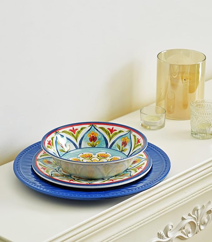 Melamine Dinnerware Sets, 12Pcs Dishes Set for 4, Plates and Bowls Sets Outdoor Dinnerware, Dishwasher Safe BPA free (Retro Style)