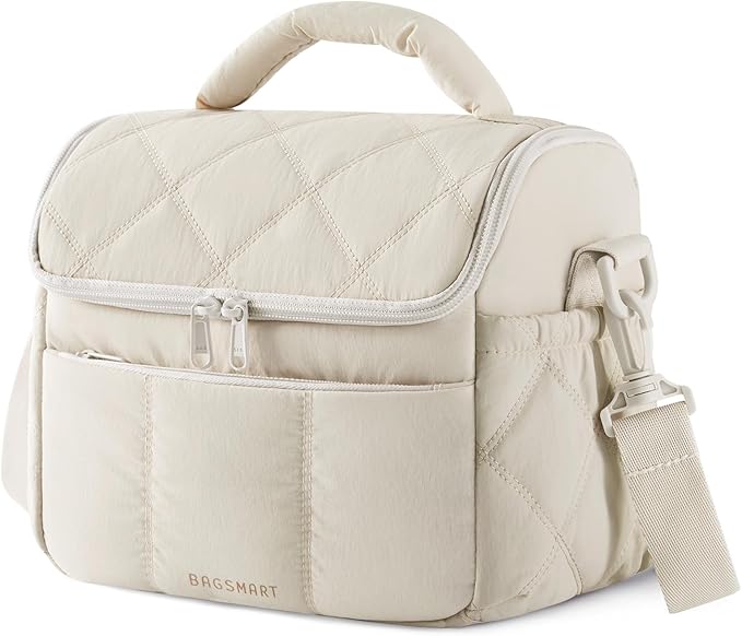 BAGSMART Insulated Lunch Bags for Women, Cute Quilted Lunch Box, Lightweight Puffy Padded Waterproof Lunch Tote, Reusable Lunch Cooler for Work Picnic Travel, Beige