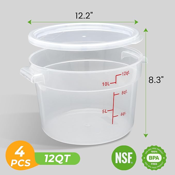 4 Pack Round Food Storage Containers with Lids, 12Qt Large Translucent, Polypropylene, BPA Free, Includes Labels & Measuring Cups