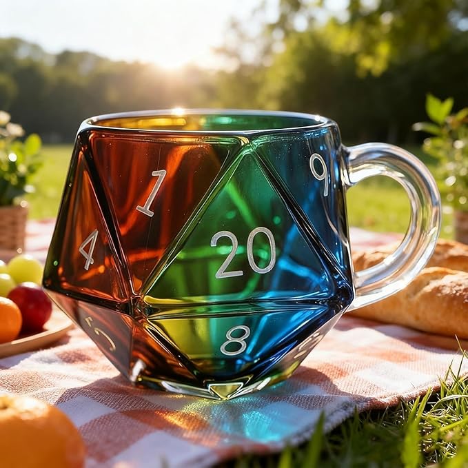 Rainbow Glass D20 Dice Mug, Polyhedral Dice Coffee Cup with Handle, Transparent Glass Game Mug for RPG Lovers, Fantasy Themed Gift for Game Night, Board Games Enthusiasts (2PCS)