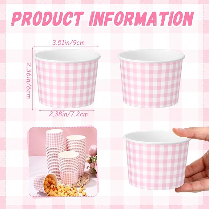 50 Pack Pink Gingham Ice Cream Cups 9 oz Pink and White Checkered Disposable Dessert Bowls Paper Soup Bowls Plaid Snack Cups for Hot or Cold Food for Baby Shower Wedding Birthday Supplies