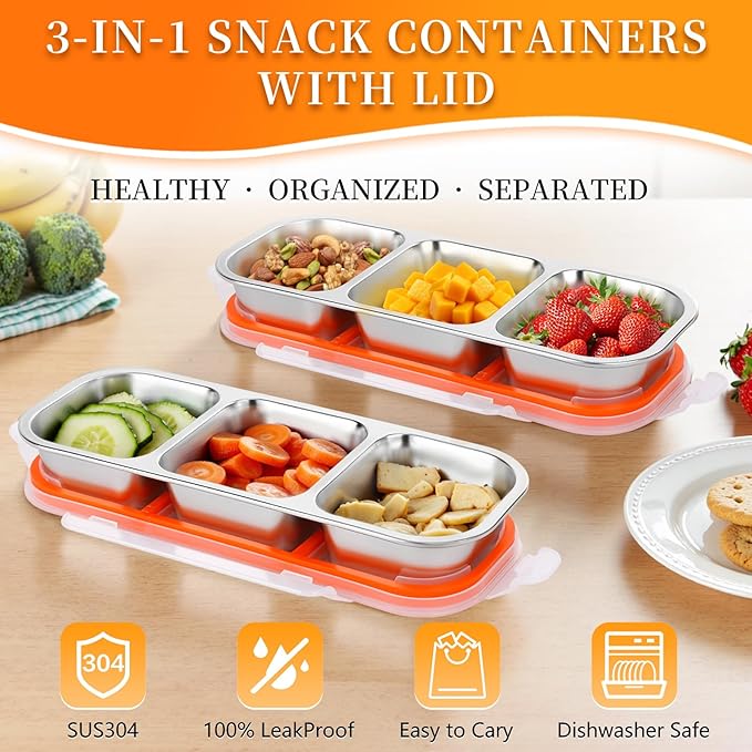 2Pack Reusable Stainless Steel Snack Containers with Leakproof Lids 3 Compartment, Stackable Metal Food Storage Lunch Boxes for Adults, Meal Prep, Travel, Office