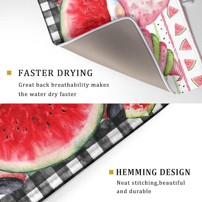 Summer Gnomes Dish Drying Mat 18x24 Inch ,Watermelon Fruit Buffalo Plaid Kitchen Dry Mats with Loop Absorbent Foldable Dishes Pad for Sink Counter Drainer Countertops Refrigerator Protector