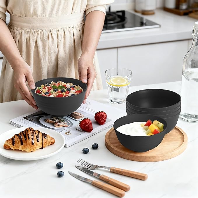 Wheat Straw Bowls Set of 6, Unbreakable Lightweight 26 OZ Cereal Bowls for Kitchen, Reusable Salad Bowl, Microwave & Dishwasher Safe Bowl Set, Black
