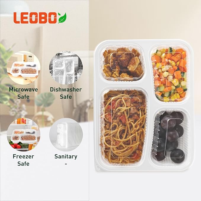 Takeout Containers BPA Free PP Plastic - 34oz 40 Pack 4 Compartments Shrink Wrap & Leakproof Meal Prep Container | Freezer & Microwave Safe Reusable for Office Lunch | White Restaurant Togo Box