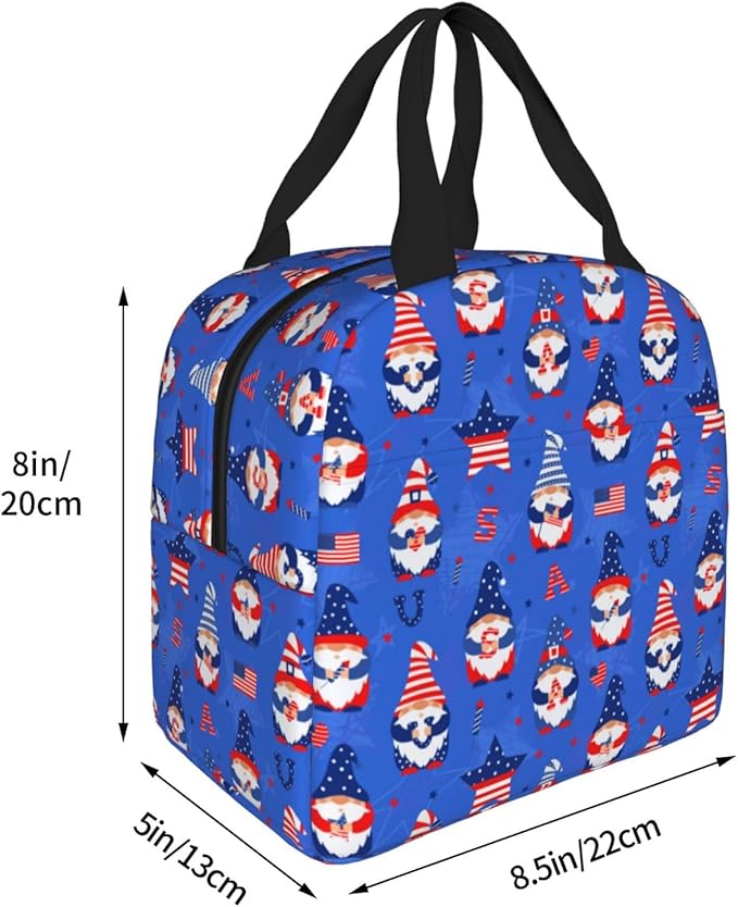 American Gnome Patriotic Lunch Box 4th of July Memorial Day Lunch Bag Insulated Reusable Lunch Tote Bag Cooler Tote Bag for Men Women