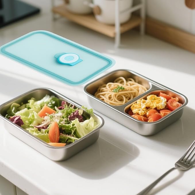 3Pcs Stainless Steel Snack Containers - Reusable Double Compartment Condiment Box with Lids for Kids Adults, Grab and Go Divided Snack Food Lunch Storage Containers Sauce Cups for School, Travel