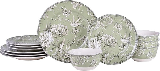 222 Fifth Adelaide Sage Porcelain 12-Piece Dinnerware Set – Service for 4, Includes Dinner Plates, Salad Plates & Cereal Bowls, Durable Porcelain, Dishwasher Safe, for Everyday Dining & Entertainment