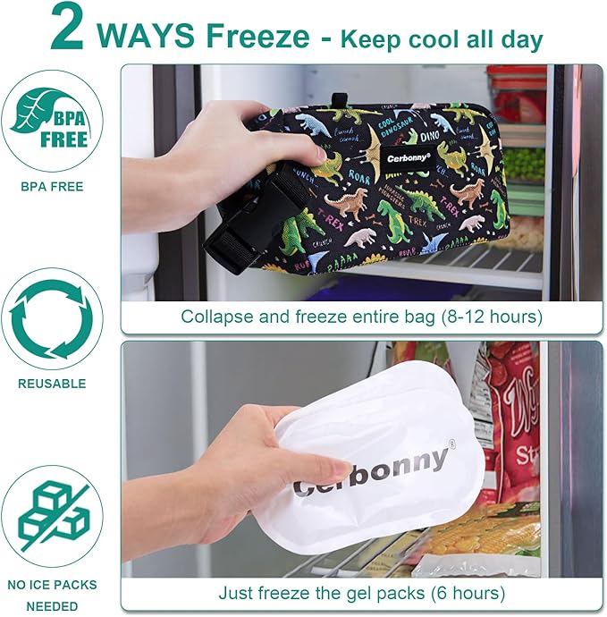 Cerbonny Small Cooler Bag Freezable Lunch Bag for Work School Travel,Small Insulated Bag For Kids/Adults,Freezer Lunch Bags,Mini Lunch Bag Fit For Yogurt,Suit for 3+(black dinosaur)