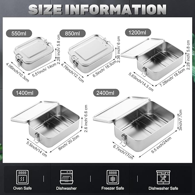 Umigy 5 Pcs Stainless Steel Food Containers 550/850/1200/1400/2400 ml Metal Bento Lunch Box Stainless Steel Food Storage Containers, Lockable Clips to Leak Proof, Reusable Dishwasher Snack Boxes