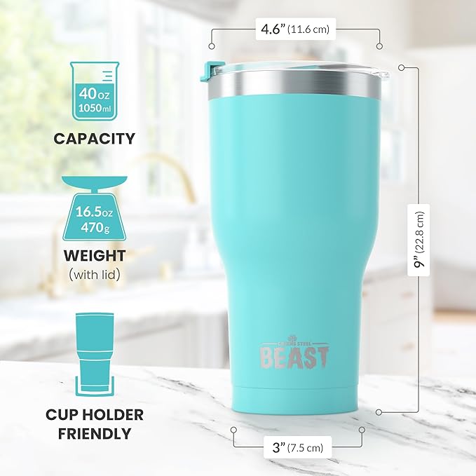 Beast 40 oz Tumbler Stainless Steel Vacuum Insulated Coffee Ice Cup Double Wall Travel Flask (Aquamarine Blue)