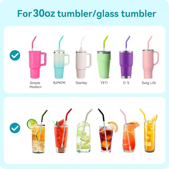 6 Pcs Reusable Metal Straws with Silicone Tip for 30 oz Tumbler, Stainless Steel Long Drinking Straw for YETI, STANLEY, US Acrylio, BJPKPK, Simple Modern and so on