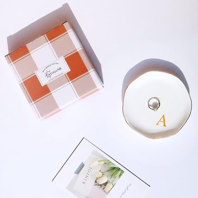 Ceramic Jewelry Tray Initial Ring Dish Personalized A-Monogrammed Engagement Wedding Gifts, for Birthday Mother's Day Christmas for Women, Ceramic White 4.75" (A)