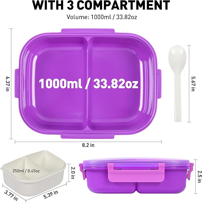 Bento Boxes with Removable Compartments for Adults & Kids,1000ml Lunch Box with Spoon & Water Cup,BPA-Free,Microwave & Dishwasher Safe(Purple)