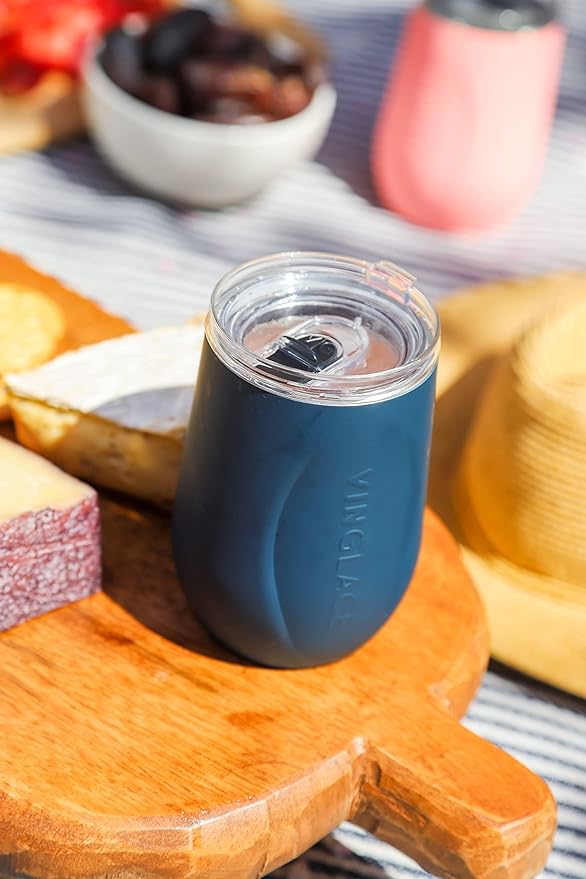 Vinglacé Stainless Steel Stemless Wine Glass- Insulated Wine Tumbler with Glass Insert and Sip Lid, 10 oz, Navy
