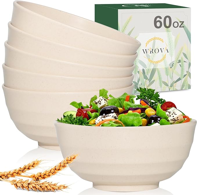 Wrova Wheat Straw Bowls Set 60 OZ, Unbreakable Large Beige Bowls Set of 6, Microwave & Dishwasher Safe Big Cereal Bowl for Picnic and Party BPA Free Salad Bowl for Serving Oatmeal and Popcorn (Beige)