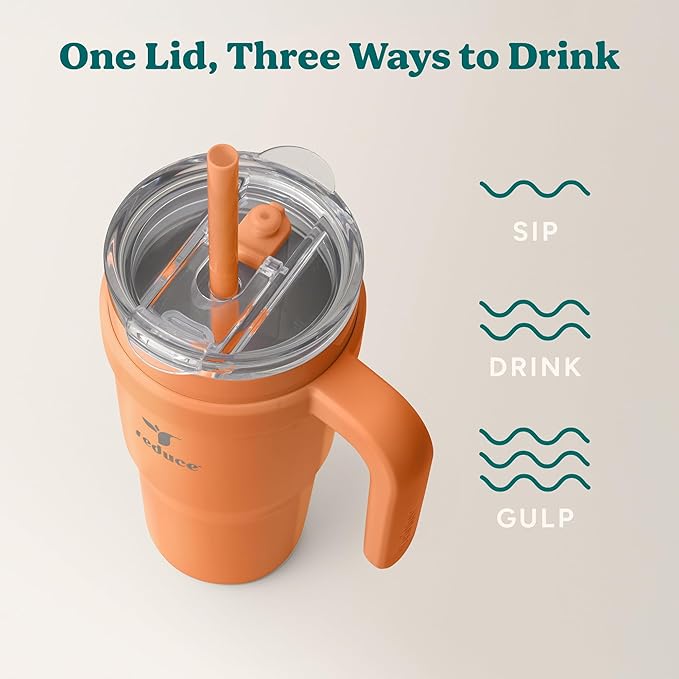 REDUCE 24 oz Tumbler with Handle - Vacuum Insulated Stainless Steel Travel Mug with Sip-It-Your-Way Lid and Straw - Keeps Drinks Cold up to 24 Hours - Sweat Proof, Dishwasher Safe - OG Papaya