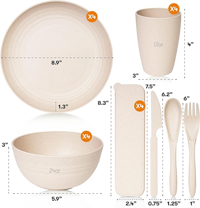 Wheat Straw Dinnerware Sets | Unbreakable Dinnerware Sets | Dishwasher Microwave Safe Dinnerware | Eco Friendly Non Breakable Dinnerware Sets | RV Outdoor Camping (Beige, Service for 4 (28 pcs))