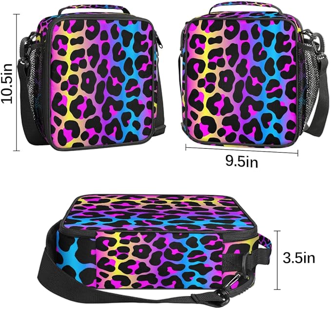 Rainbow Cheetah Leopard Print Lunch Bag Box for Kids Boys Girls Insulated Lunch Tote Bag with Adjustable Shoulder Strap Reusable Waterproof Thermal Cooler Bag for School Work Picnic Women Men