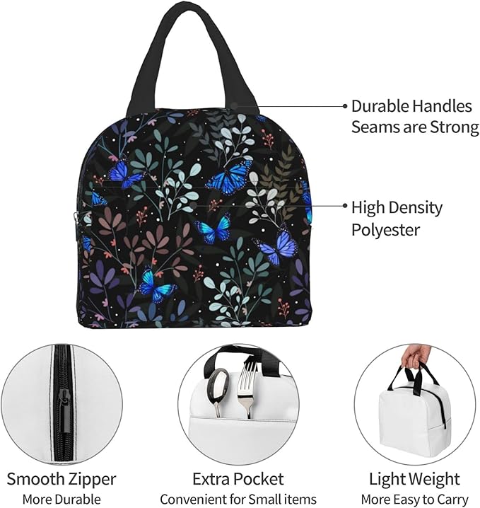 Butterfly Insulated Lunch Bag with Front Pocket,Reusable Cooler Tote with Zipper Use for Men & Women Camping/Hiking/Picnic/Beach/Travel