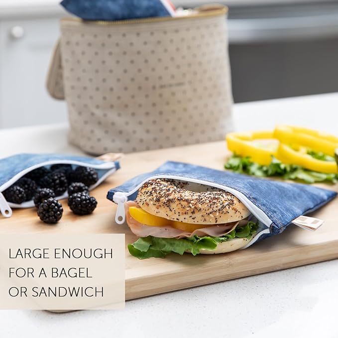 Roamio Reusable Sandwich and Snack Bags, for Kids School Lunch and for Adults Portion, Washable Fabric, Waterproof Cloth Zip Bag, Pack Travel Pouch, Food-Safe Storage, Large 2-pk Faux Denim