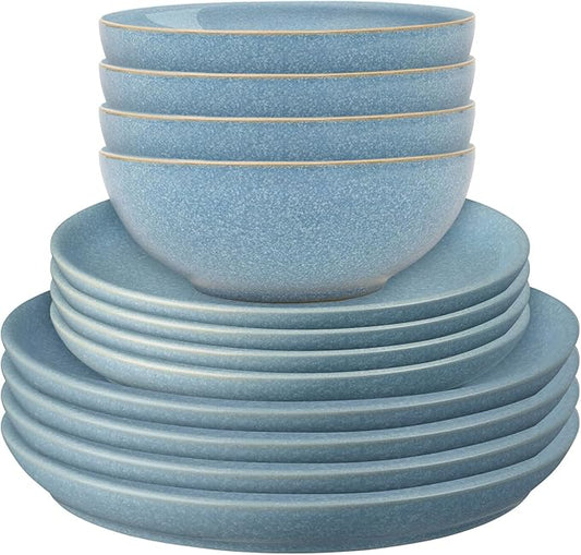 Denby - Elements Blue Dinner Set For 4-12 Piece Coupe Simple Ceramic Stoneware Tableware Set - Dishwasher Microwave Oven Safe - Scratch Chip Resistant