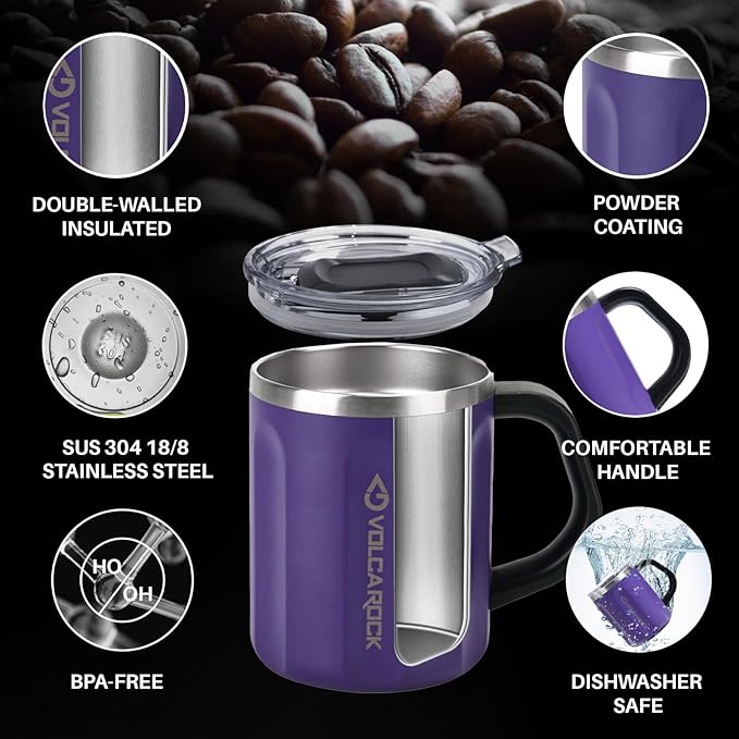 16oz Stainless Steel Togo Coffee Travel Mug, Spill Proof Tea Mug with Handle and Lid, Lightweight and Durable, Great for Office Home and Outdoor Use (Purple)
