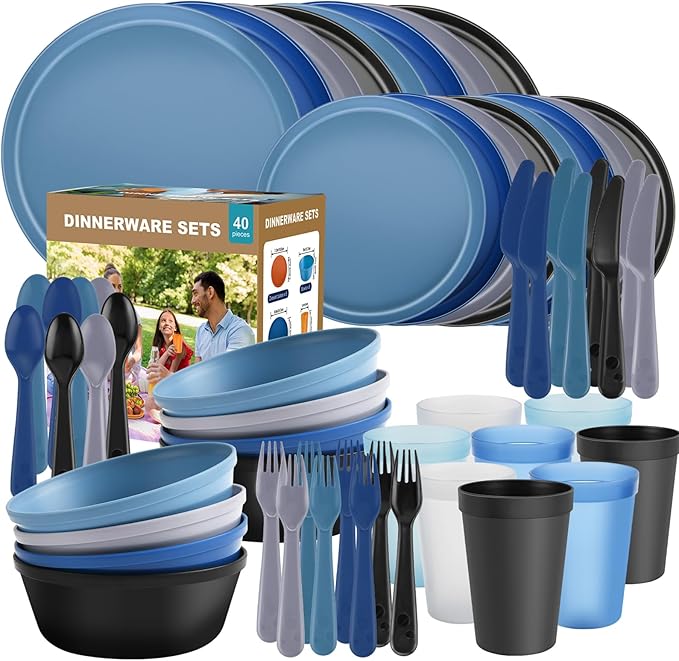 40 Piece RV and Camping Dinnerware Set, Microwave Safe Plates and Bowls Set for 8 with Cutlery, Lightweight & Unbreakable, The Perfect Melamine Alternative Modern