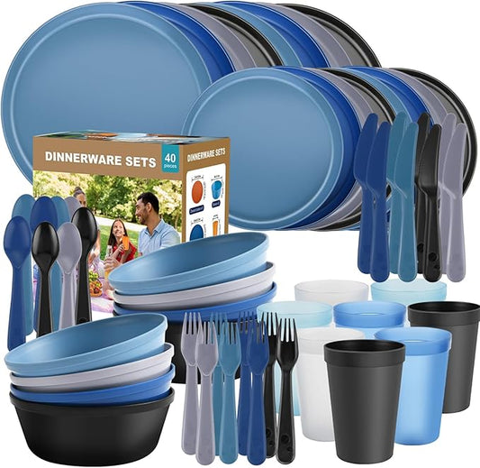 40 Piece RV and Camping Dinnerware Set, Microwave Safe Plates and Bowls Set for 8 with Cutlery, Lightweight & Unbreakable, The Perfect Melamine Alternative Modern