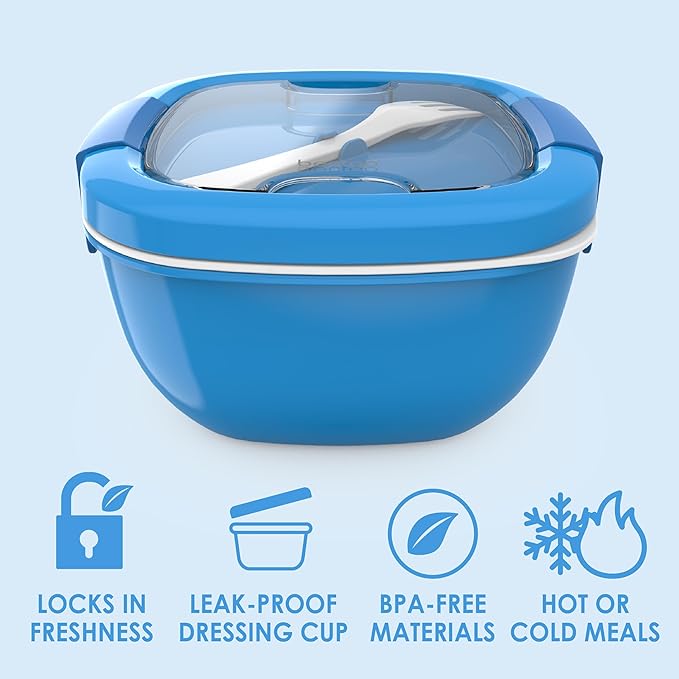 Bentgo Salad Container - 54 oz Bowl with 4-Compartment Toppings Tray, Leak-Proof Dressing Container, Reusable Fork, BPA-Free Lunch Box for Meal Prep & Food Storage; Removable Bento Tray (Blue)