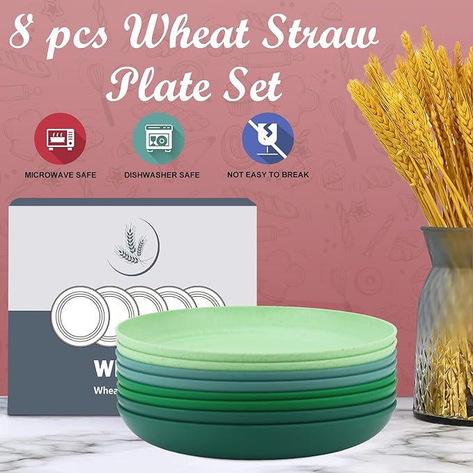 Wheat Straw Plates - 10 Inch Unbreakable Dinner Plates Set of 8 - Modern Dinnerware Dishes Dishwasher & Microwave Safe-Lightweight Plates for kitchen,camping (Forest Series)