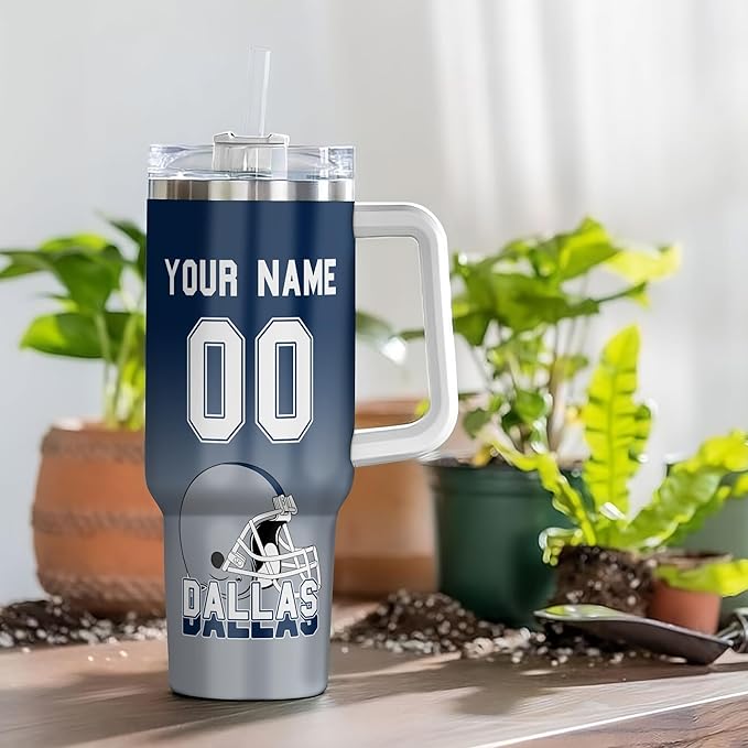 Custom Insulated 40oz Football Travel Cup with Handle & Straw, Stainless Steel Personalized Tumbler, Name & Number Mug, Sports Fan Gift for Men Women (Dallas)