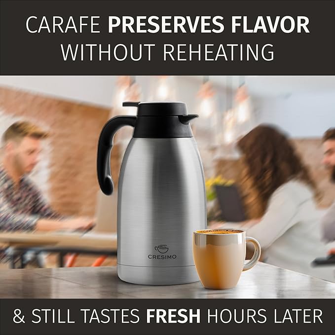 Thermal Coffee Carafe with Cleaning Brush - 68 oz / 2L, 24 Hours Cold or 12 Hours Hot Water Dispenser, Carafe for Hot Liquids - Insulated Stainless Steel Coffee Urn - Easy Use Tea Dispenser - Cresimo