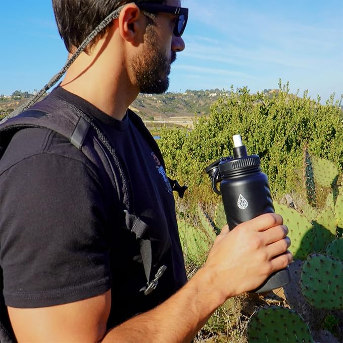 32oz Stainless Steel Insulated Water Bottle, 48H Ice Cold & 24H Hot, Leak-Proof Wide Mouth Lids (Straw & Spout), BPA-Free Bottles, Mens Water Bottle for Gym, Hiking, Travel - Grey