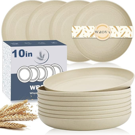 Wrova Wheat Straw Dinner Plates Set of 8 - 10 Inch Unbreakable, Dishwasher & Microwave Safe, Lightweight for Kitchen, R.V. (Beige)