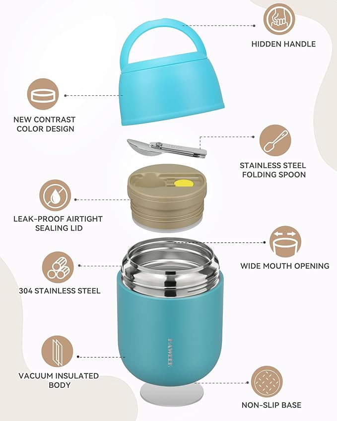 17oz Soup Thermo for Hot Food Adults Insulated Food Jar Thermo Hot Food Lunch Container Wide Mouth Stainless Steel Lunch Box for Kids with Folding Spoon Cleaning Brush Peacock Blue
