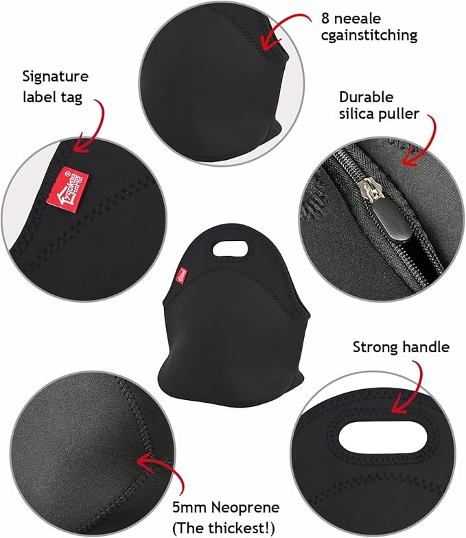 yookee home Black Lunch Bag, Insulated Lunch Box, Thick and Reusable Thermal Lunch Tote Bag, Small Neoprene Lunchbags with Zipper for Adults Kids Nurse Teacher School Work Outdoor Travel Picnic