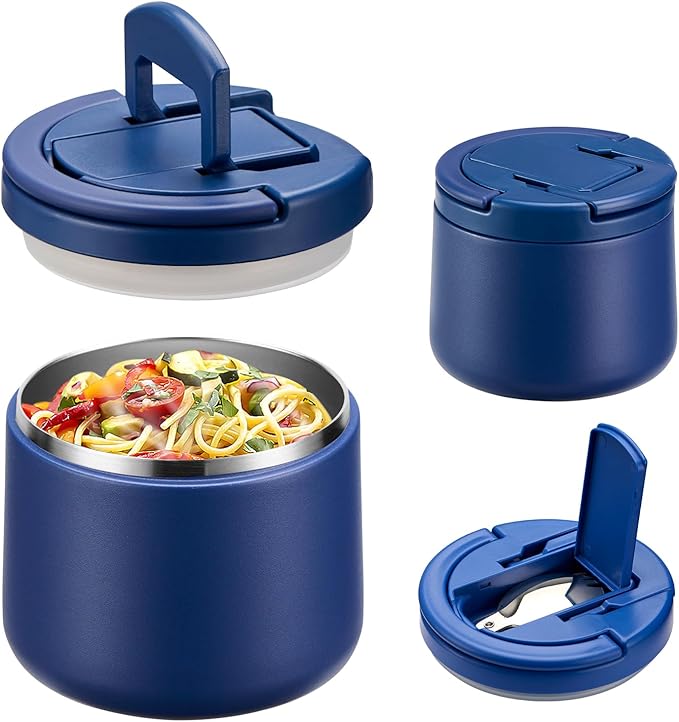 Soup Thermo for Hot Food Kids 14oz Lunch Containers with Buckle Lid Wide Mouth Hot Food Jar Vacuum Insulated Stainless Steel Bento Box Leakproof with Spoon(Blue)