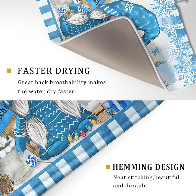 Winter Gnome Dish Drying Mat for Kitchen Counter Christmas Tree Snowman Snowflake Dish Drainer Farmhouse Dish Drainer Rack Mats Pad Heat Resistant Foldable Absorbent, 24x18 Inch