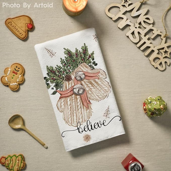 Artoid Mode Beige Xmas Tree Merry Christmas Kitchen Towels Dish Towels, 18x26 Inch Holiday Gloves Ball Hello Winter Decoration Hand Towels Set of 4