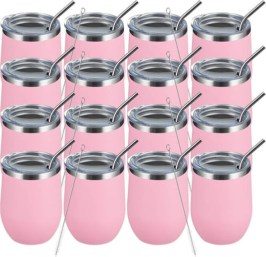 MEWAY 12oz Wine Tumbler 16 Pack Bulk Gifts for Women,Double Wall Vacuum Stainless Steel Travel Mug with Lid,Insulated Stemless Wine Cup Glass for Coffee,Cocktails,Drinks(Pink,Set of 16)