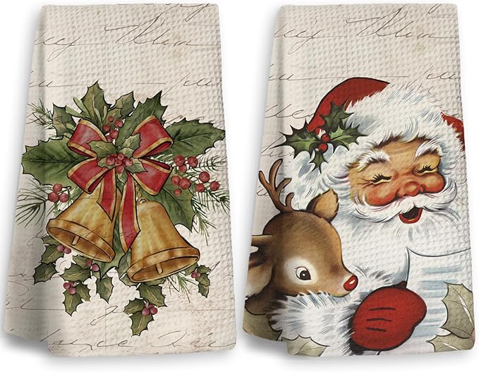 Christmas Kitchen Towels,Vintage Retro Santa Claus Dish Towels Set of 2,Christmas Kitchen Decor Tea Towels for Kitchen,Hand Towels for Bathroom,Gifts for Women,16×24 Inches