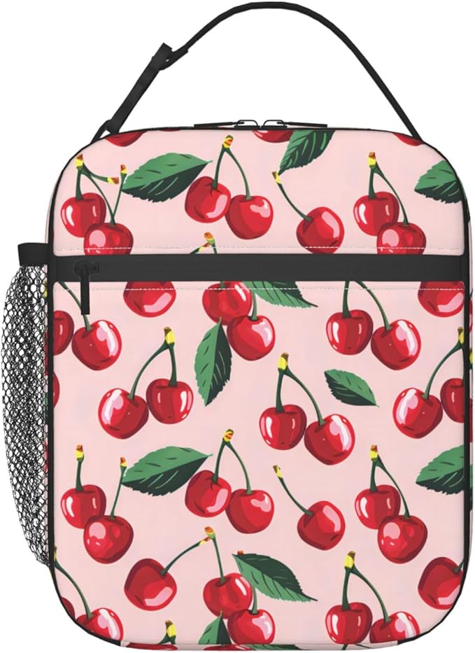 Reusable Cherry Lunch Box for Kids Girls Boys Women Adult, Insulated Cute Lunch Bag,Polyester Cooler Art Handbags Case for School Picnic Work Travel Beach or Hiking (Light Pink)